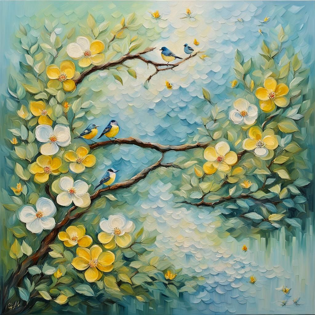 Idyllic Landscape Painting in Impasto Style