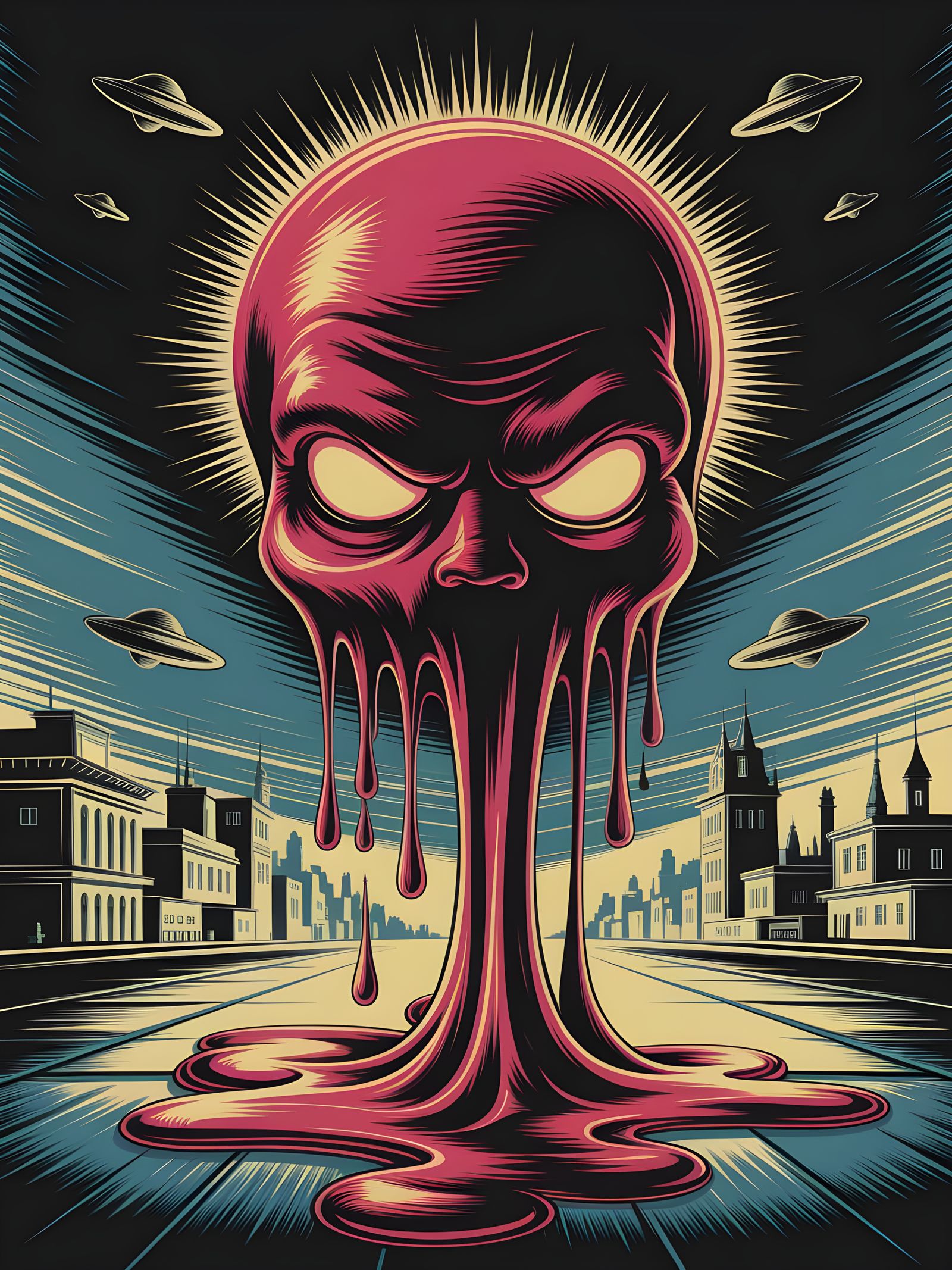 Glowing Red Slime Oozes Across Retro Cityscape in 1950s Sci-...