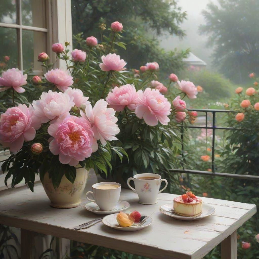 Impressionist Garden View with Peonies and Cafe