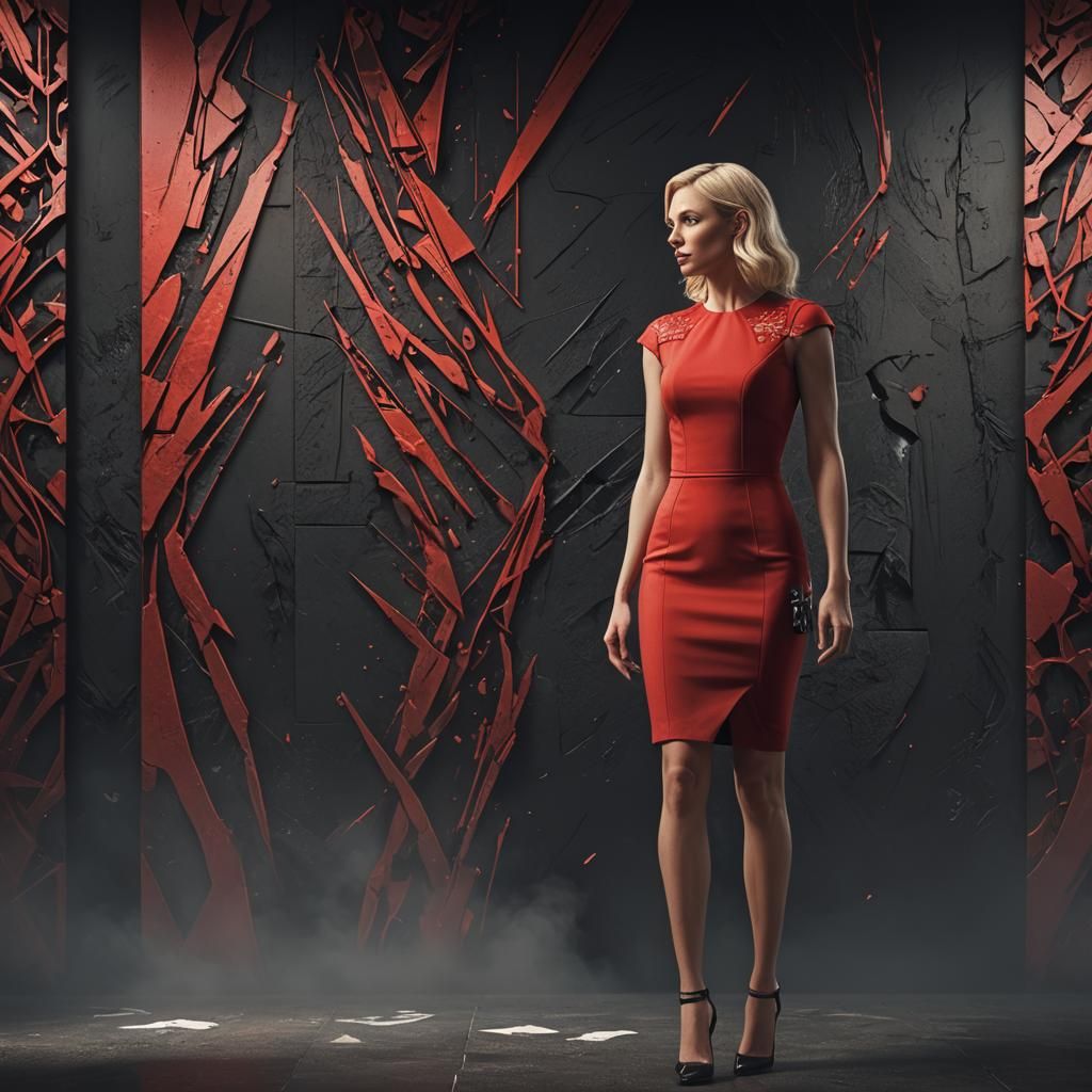 Blonde Woman in Red Dress Against Graphic Wall