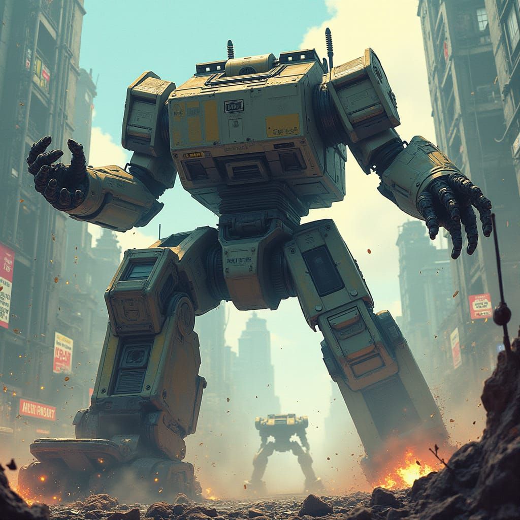 Cyberpunk Printer Robot Rampage in Futuristic City