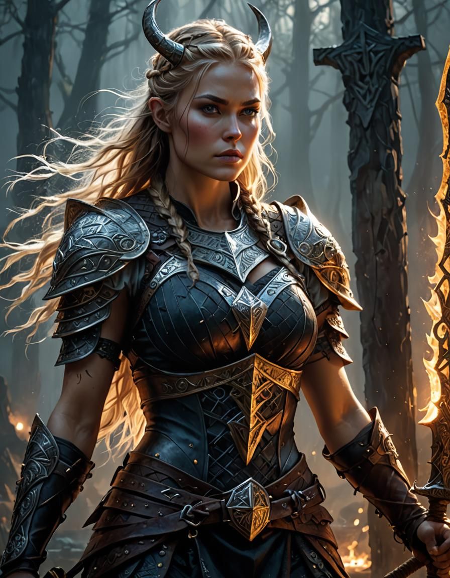 Nordic Viking Woman in Rune Armor on Drakkar