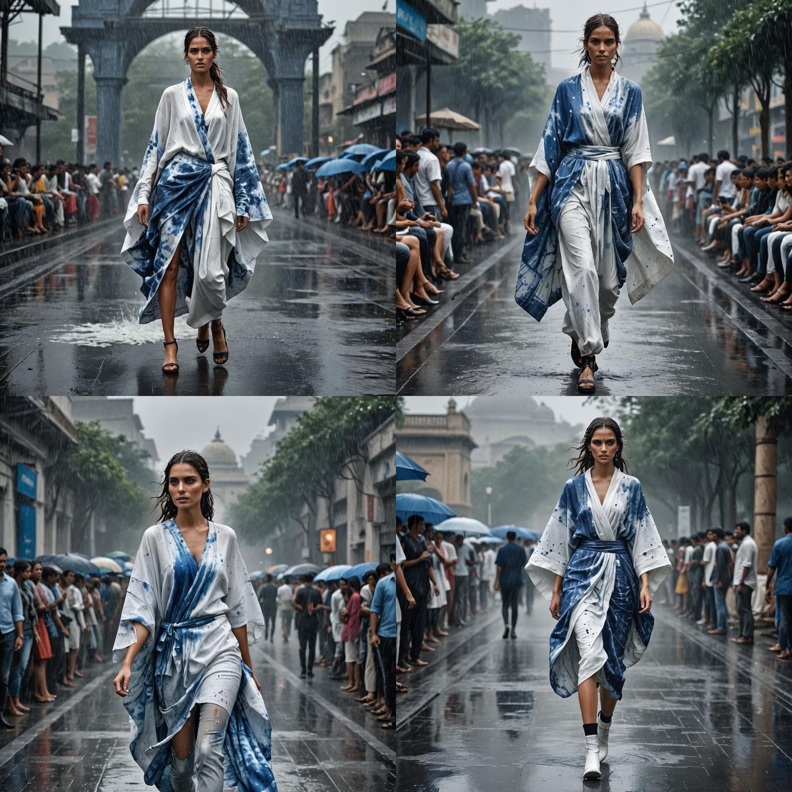 fierce italian model wearing dolman sleeve donna karan fashion in white and blue shibori dye walking a runway in delhi.....