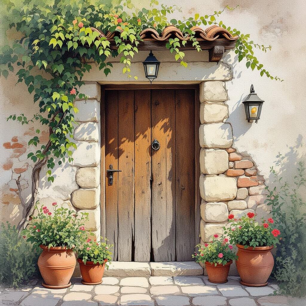 Rustic Doorway in Watercolor Painting Style