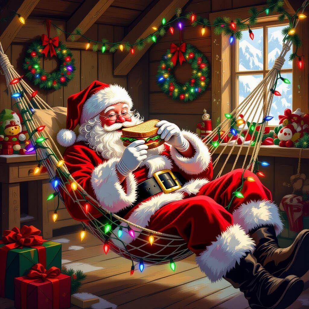 Santa Claus Relaxing in Christmas Light Hammock