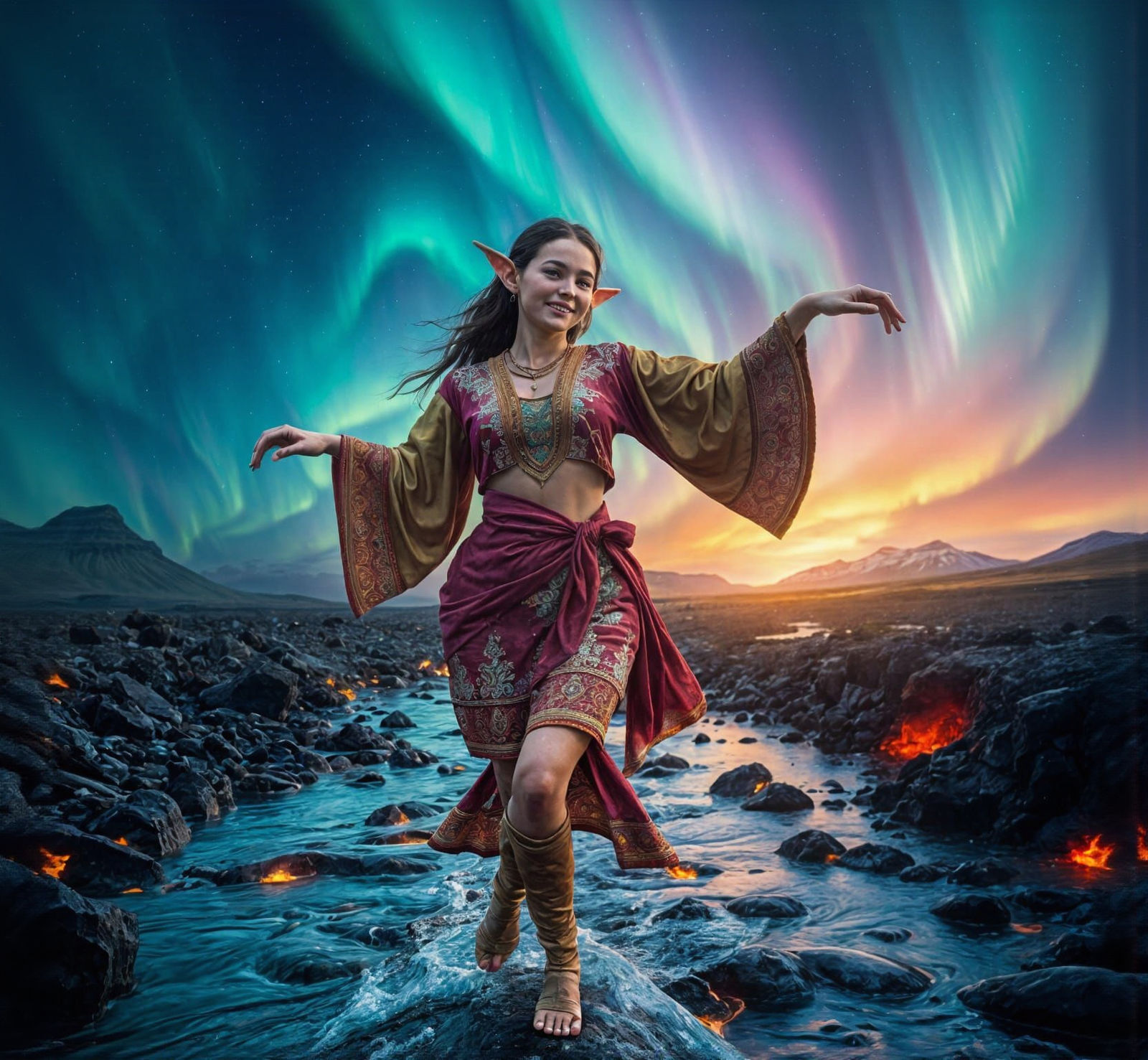 Hyperrealistic Elf Dancing in Lava Under Aurora