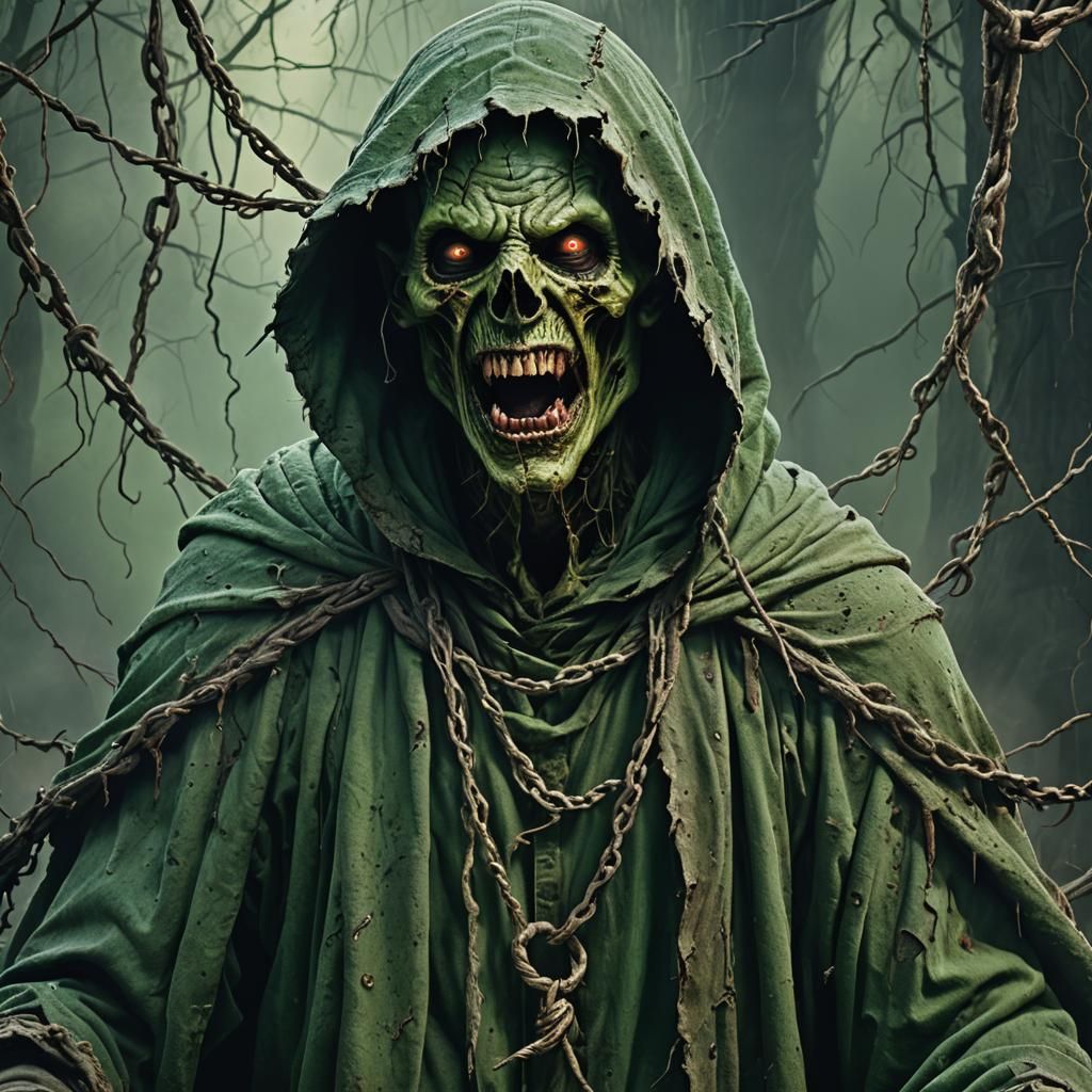 Hyperrealistic Portrait of Decaying Demonic Man in Green Rob...