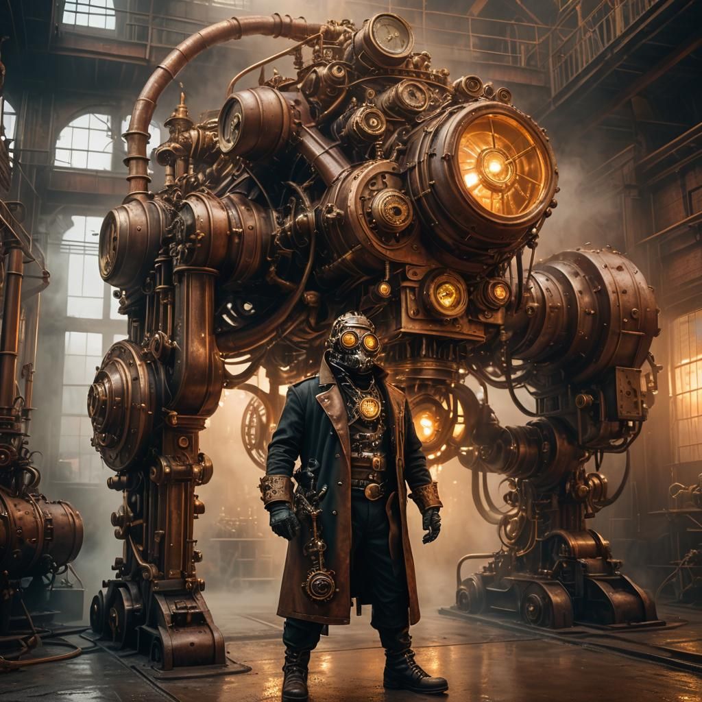 Steampunk Alien in Industrial Setting: Oil Painting