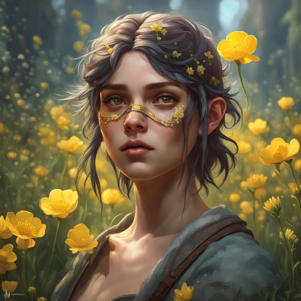 Eyepatch Teenager Portrait with Buttercup Flowers