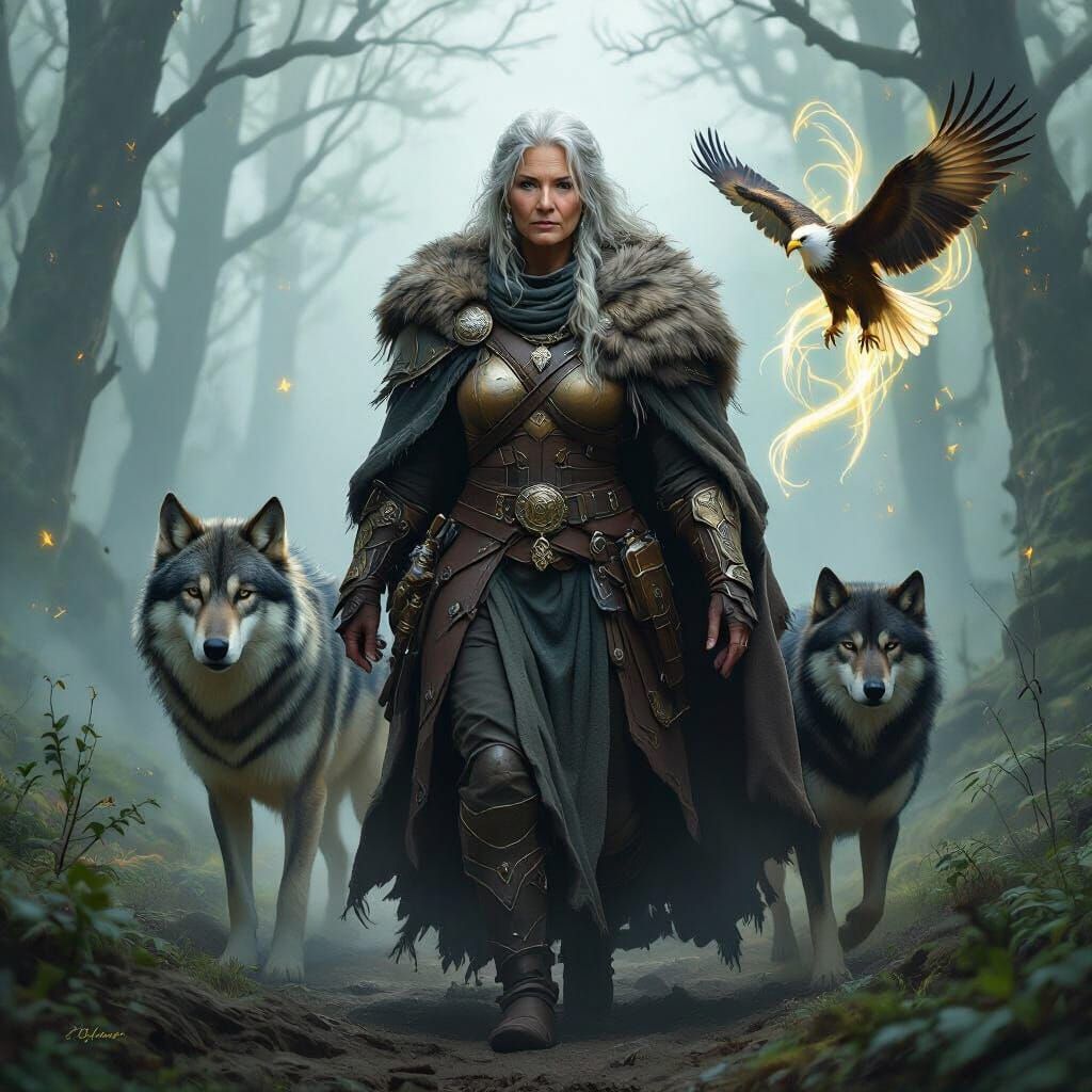 Wise Warrior Woman Emerges from Misty Forest