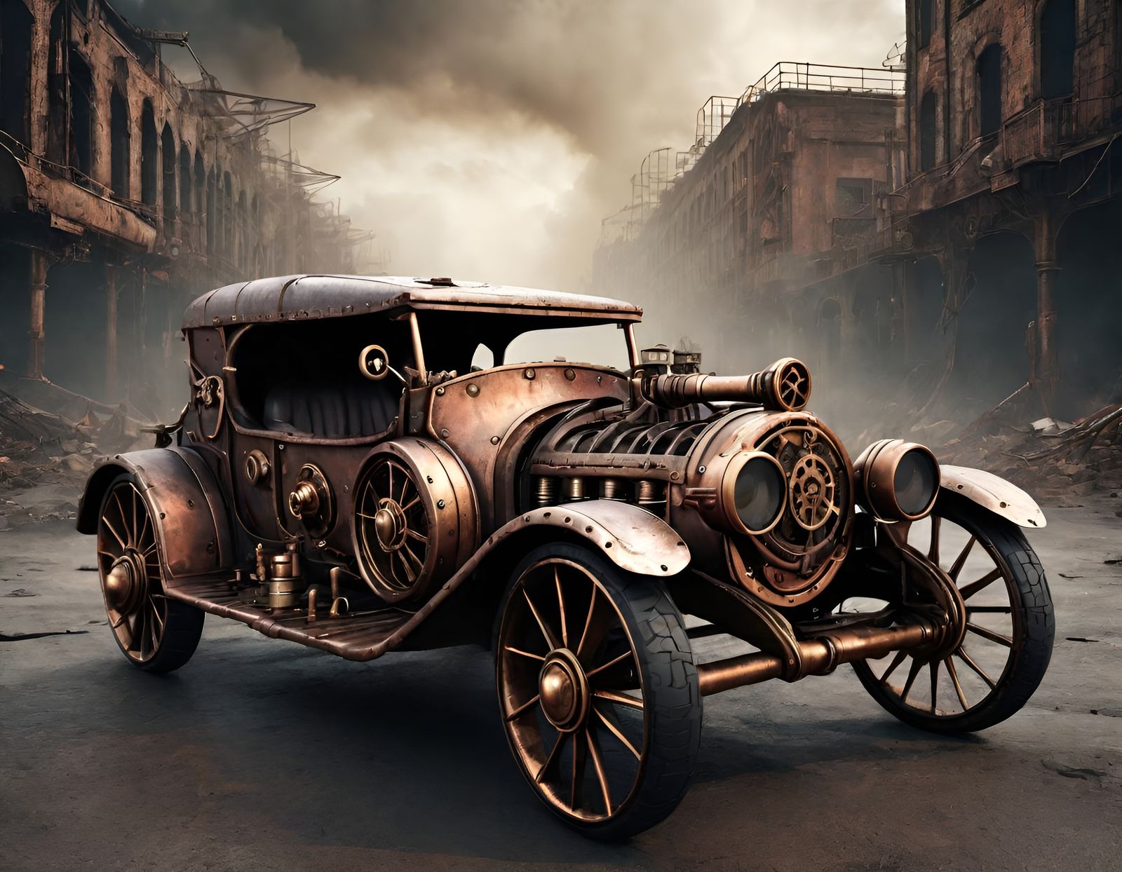 Steampunk Car in Apocalyptic Landscape