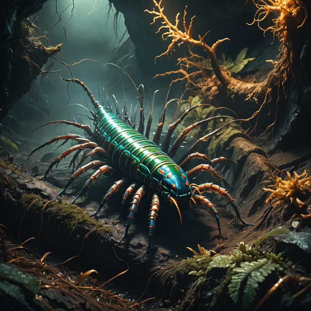 Giant Bioluminescent Centipede in a Misty Cave