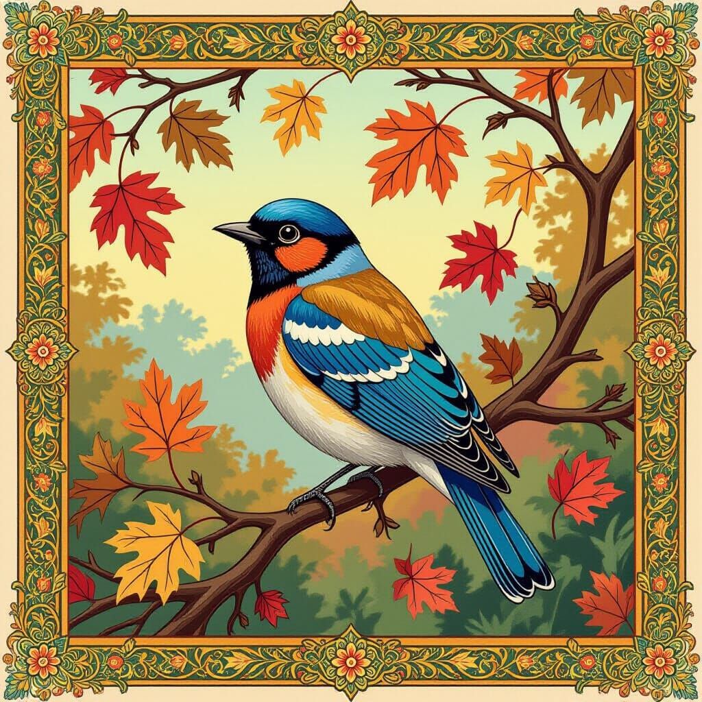 Colorful Bird in Autumnal Forest, Medieval Manuscript Style