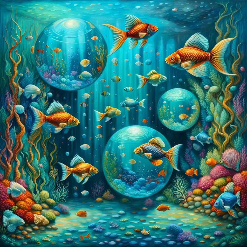 Underwater Paradise: Shimmering Orbs in Oil Painting Style