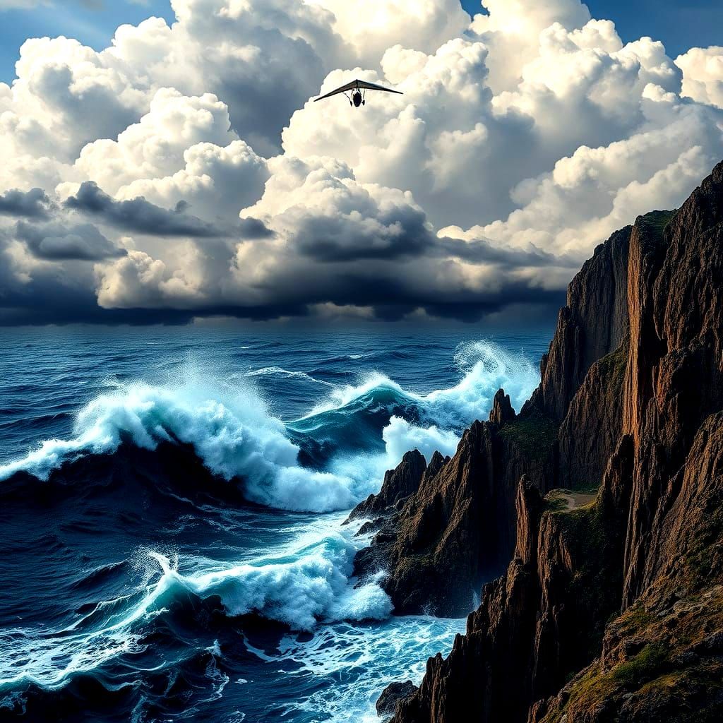 Ukiyo-e Style Hang Glider Soars Over Ocean Cliffs