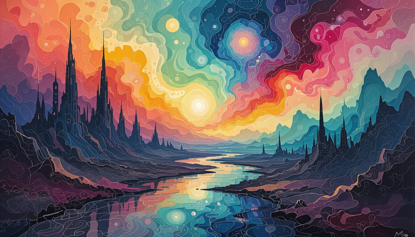 Prismatic Apocalypse: Dreamlike Alien Landscape Painting