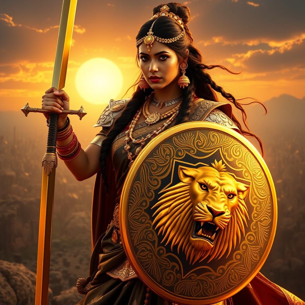 Regal Indian Warrior Queen in Mystical Dawn Battle