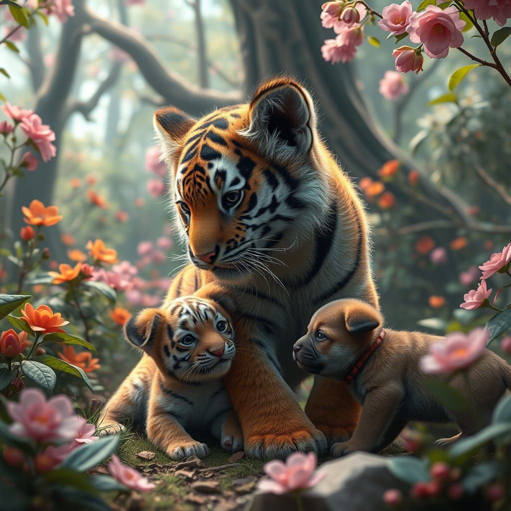 Whimsical Tiger Cub and Curious Puppy in a Vibrant Jungle Sc...