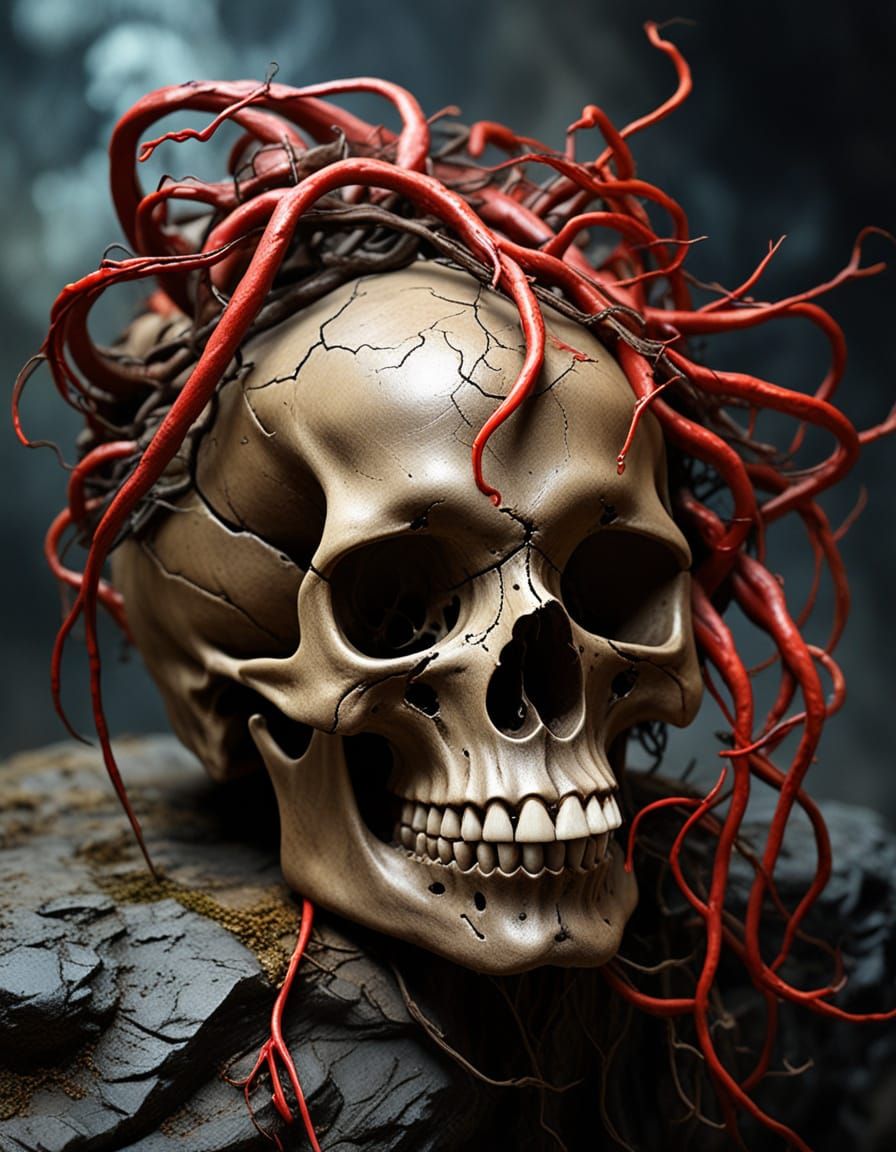 Surreal Skull with Energy Tendrils as Oil Painting