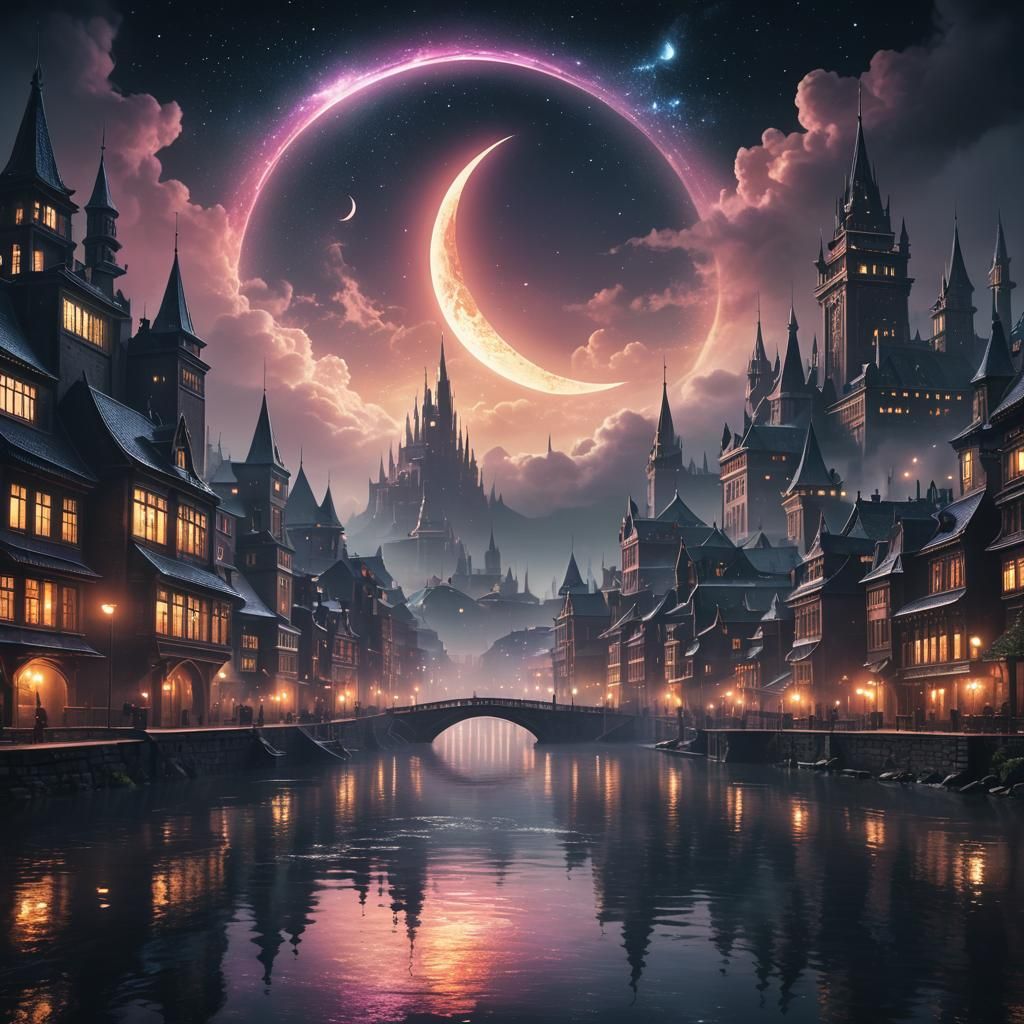 Fantasy City Under Giant Crescent Moon