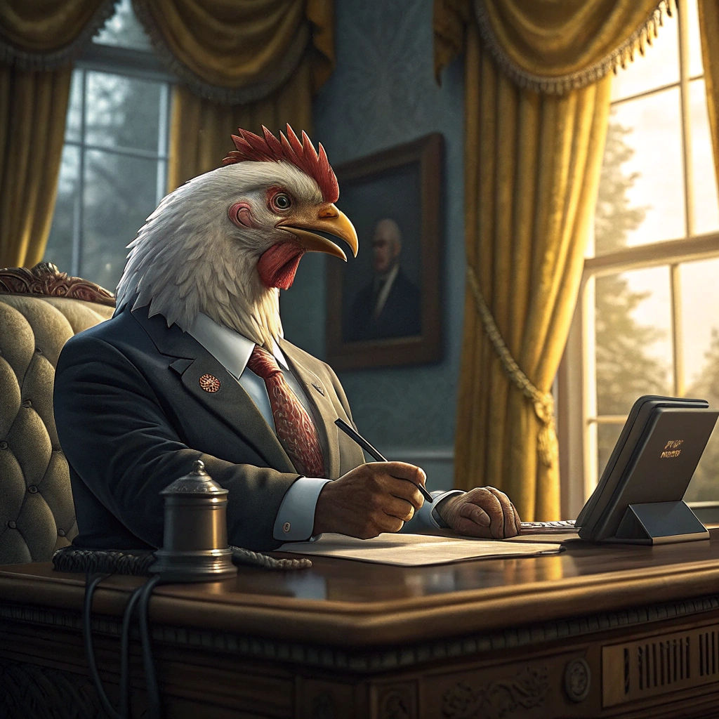 Anthropomorphic Chicken President in Oval Office, CGI Render