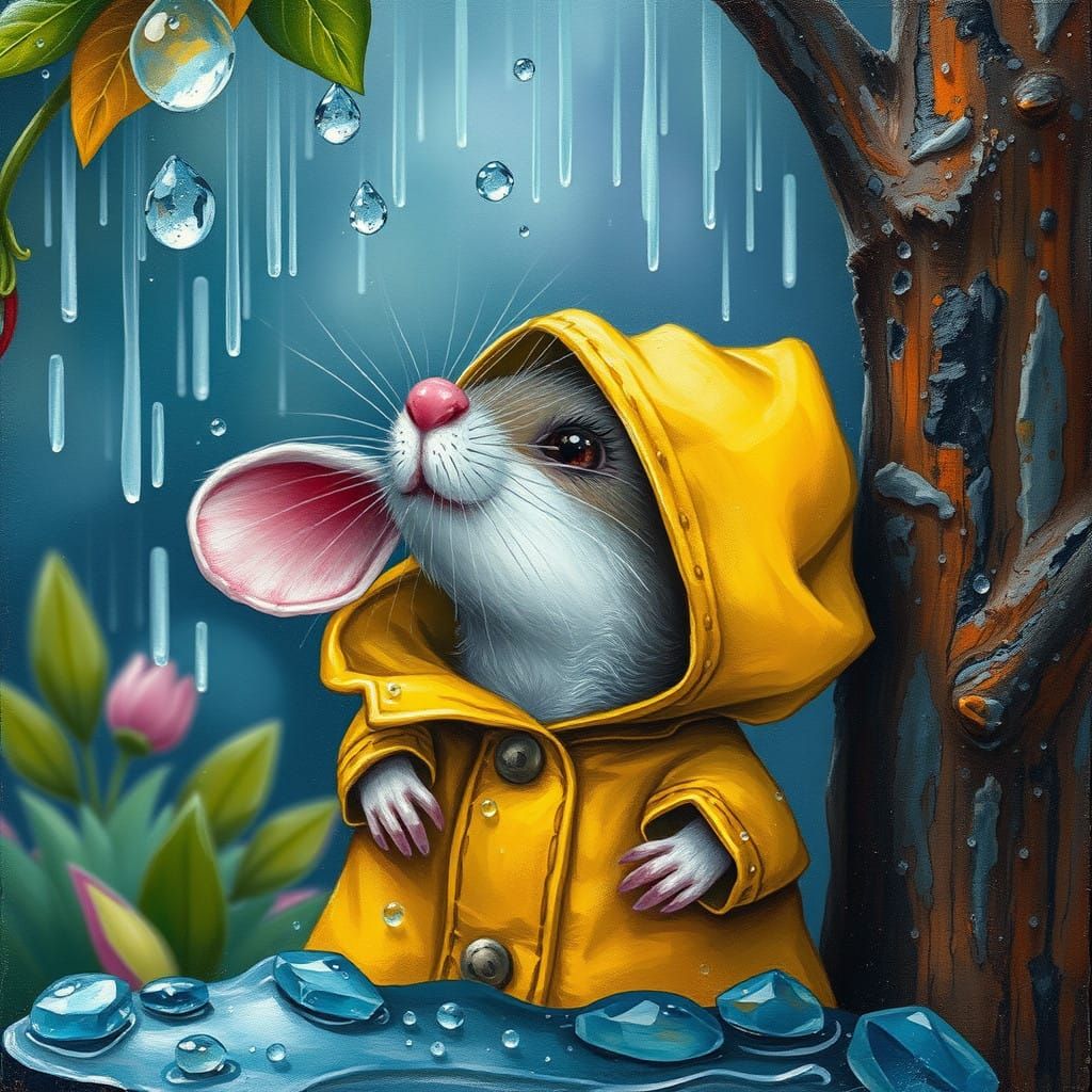 Enchanted Rainy Mouse in Whimsical Mixed-Media Art