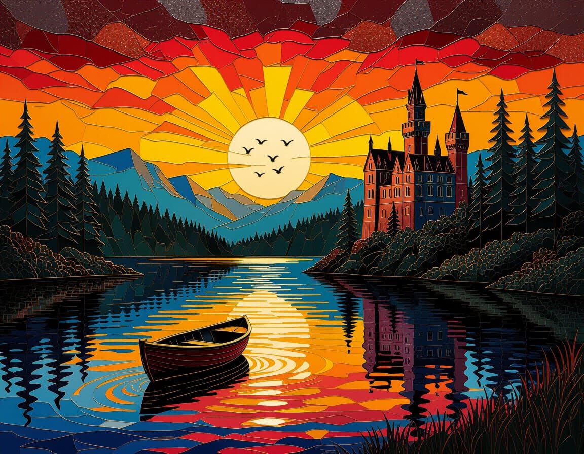 Textured Metal Forest Lake Castle Sunrise