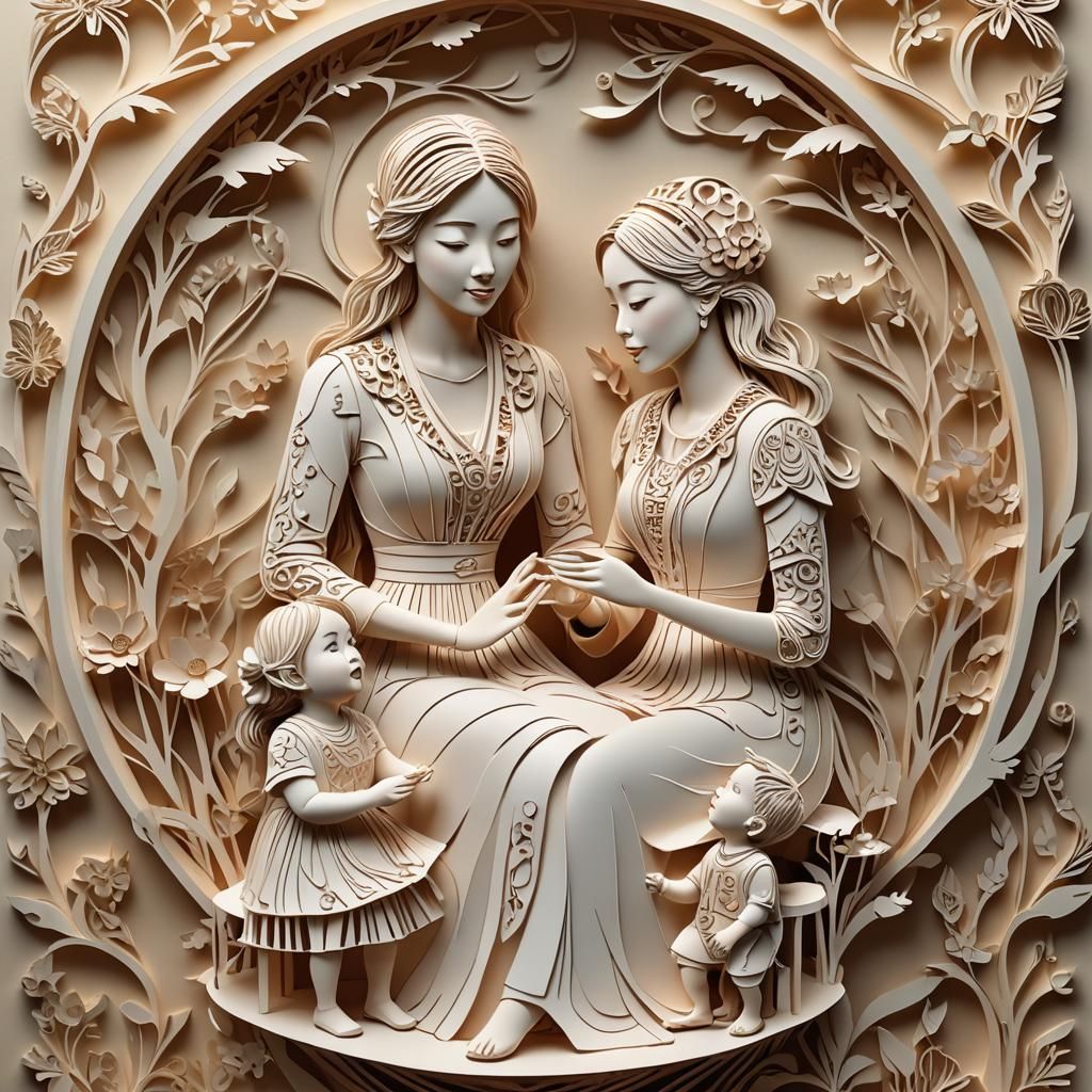 Kirigami Style: Mother Singing to Toddlers