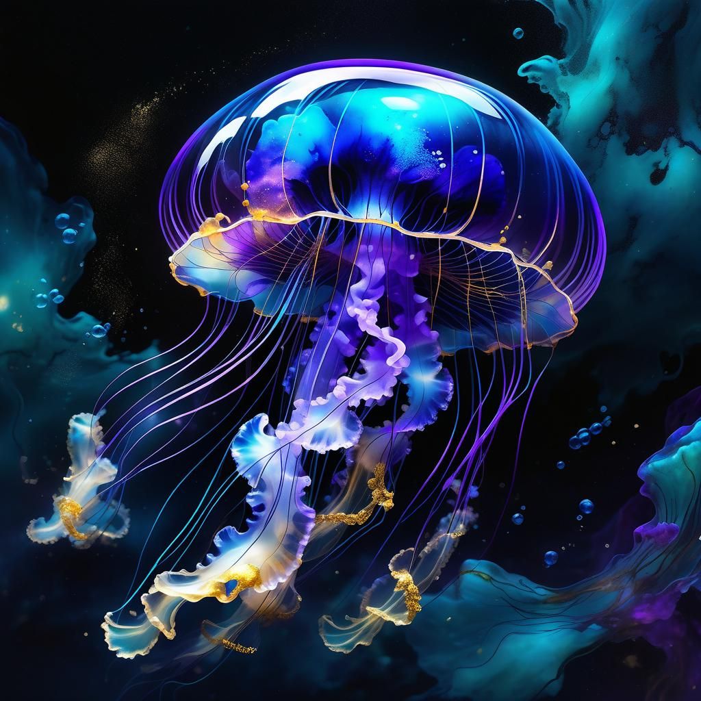 Bioluminescent Jellyfish in Dark Ocean, Alcohol Ink Style
