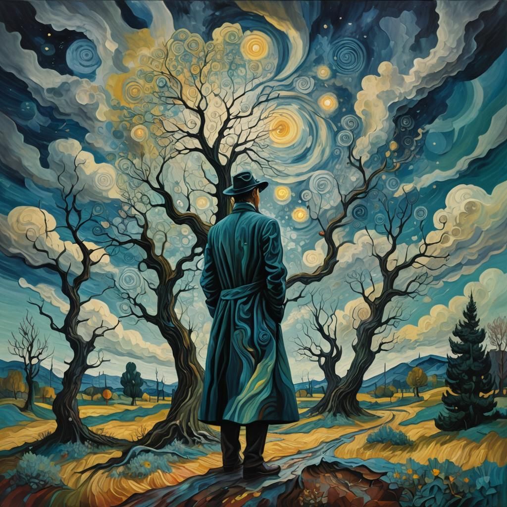 Dreamlike Figure in Surreal Landscape with Swirling Clouds