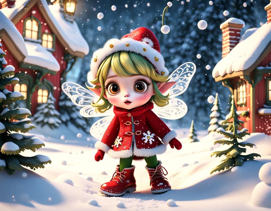 Chibi Fairy Scared of Grinch in Winter Scene