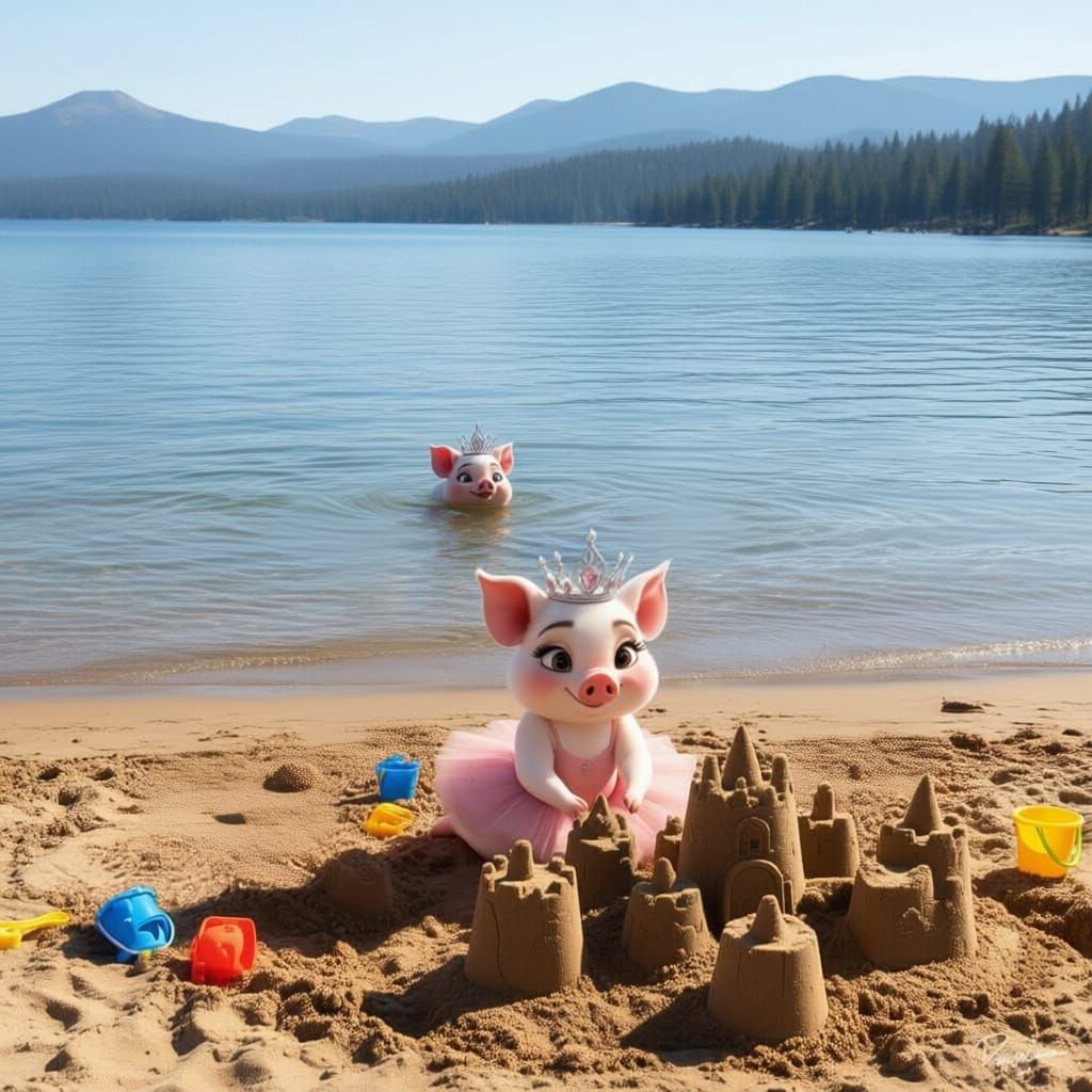 Cleo Builds Sandcastles at Lake Tahoe with Pig Companions