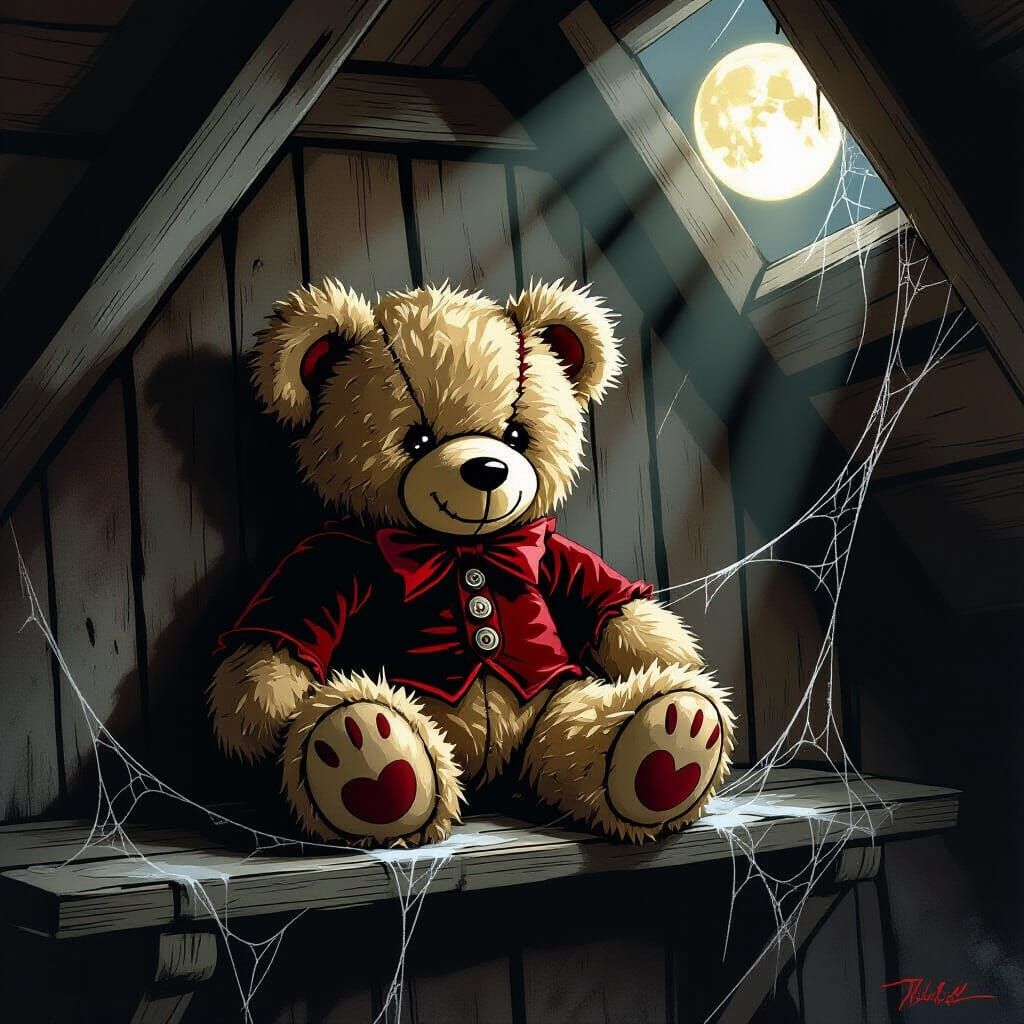 Tattered Teddy Bear in Moonlit Attic Gothic Illustration