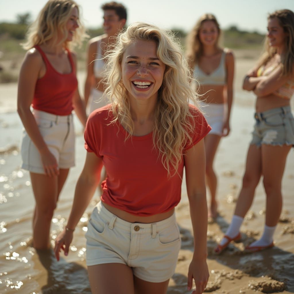 Sultry Woman Sinks into Quicksand with Friends in Photoreali...