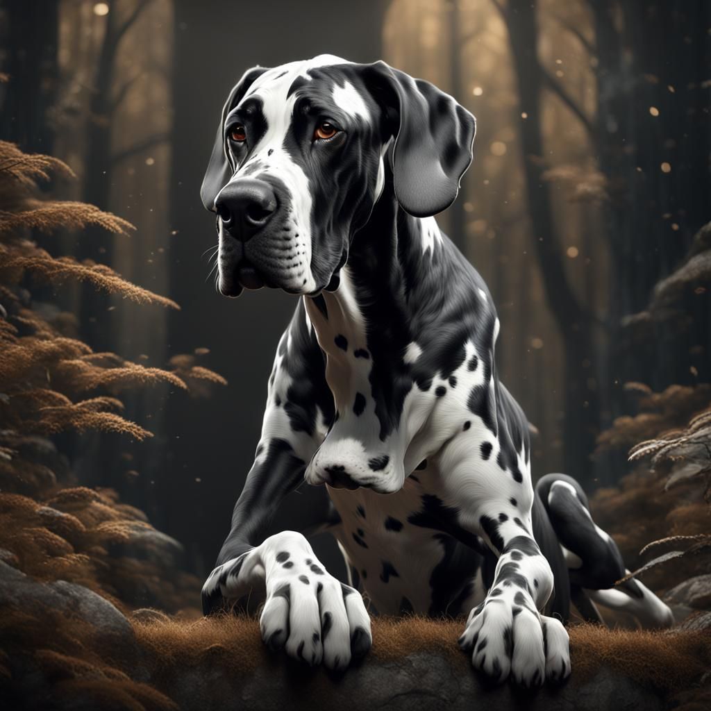 Realistic Black and White Great Dane, Detailed Matte Paintin...