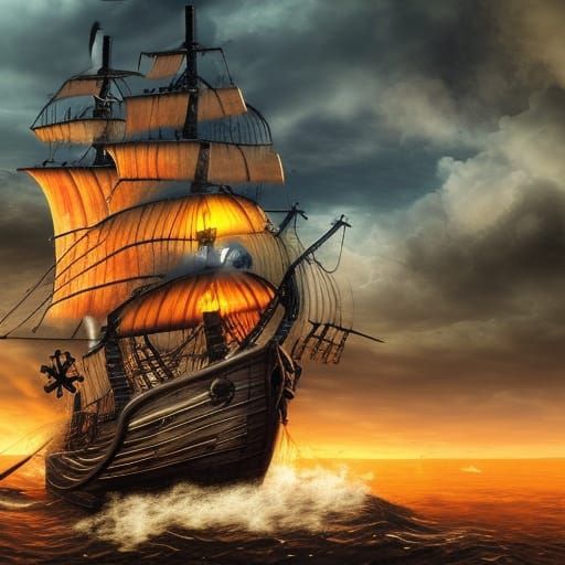 Pirate Ship in Stormy Seas: Fantasy Concept Art