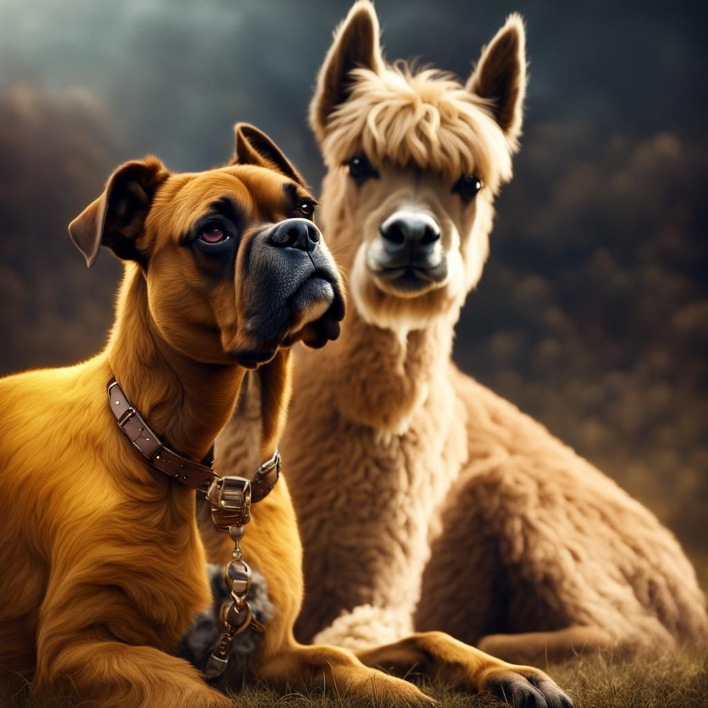 Boxer Dog and Alpaca Sweetheart: Digital Matte Painting