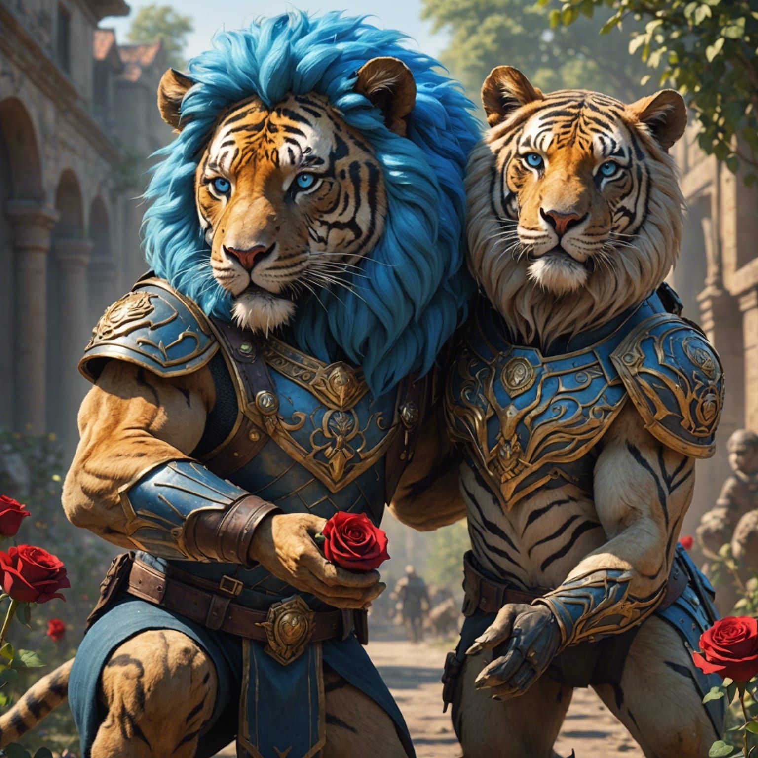 Hybrid Soldier Offering Rose to Lioness, Hyperdetailed Art