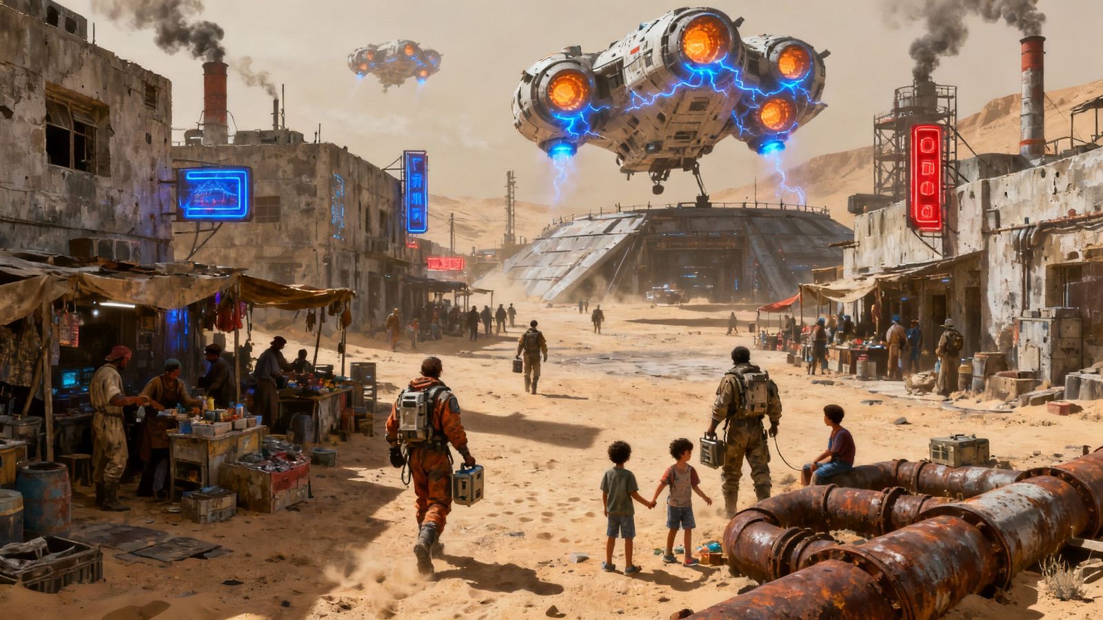 Vibrant Offworld Mining Town in Gritty Noir Style