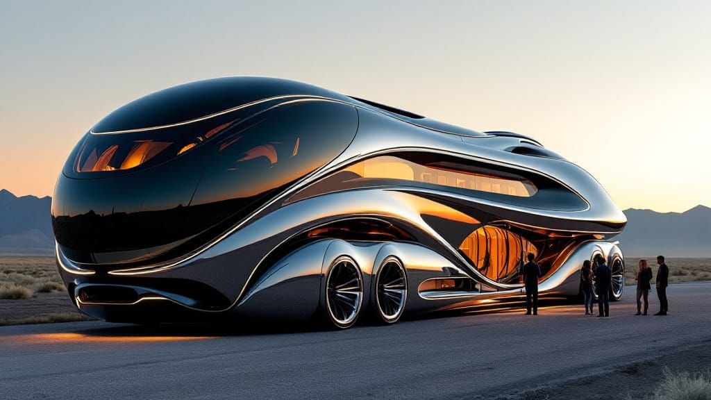 Futuristic Motorhome at Sunset: A Luxury RV