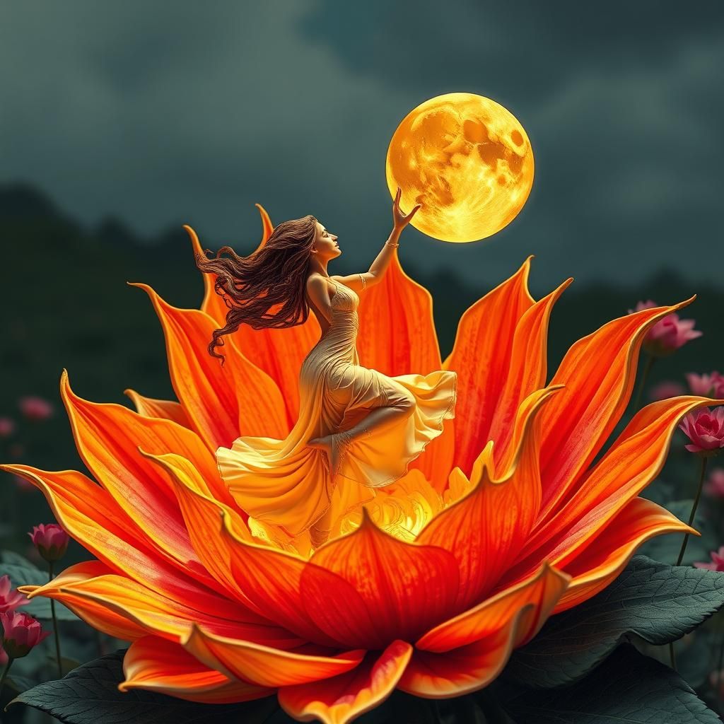 Dancing Woman in Sun and Moon Flower Watercolor