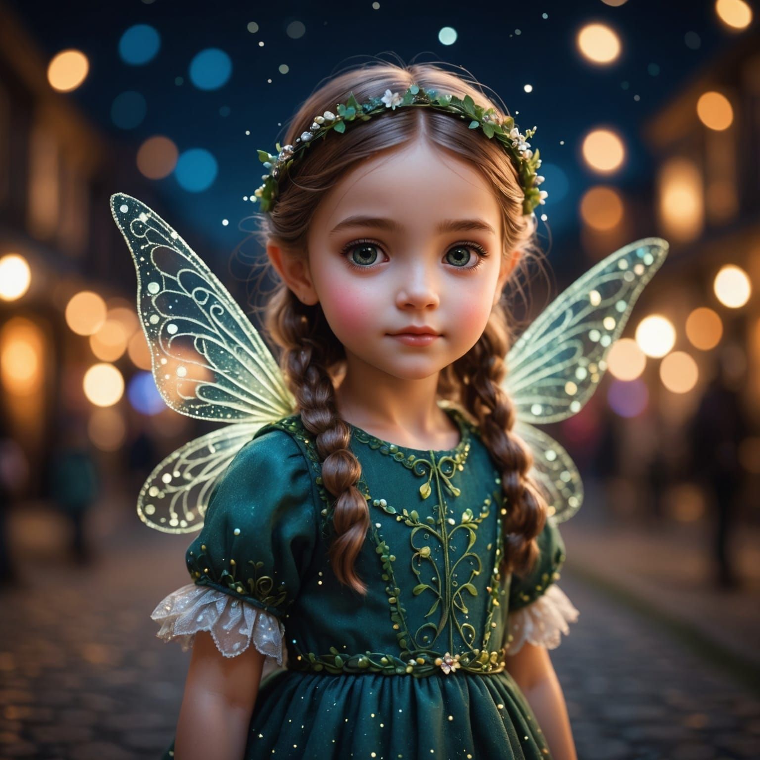 Adorable Fairy Girl at Night with Bokeh