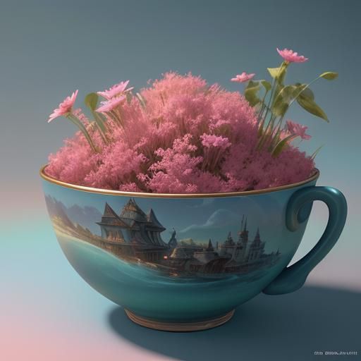 Whimsical Scenes in Teacups: Pixar-Style 3D Art