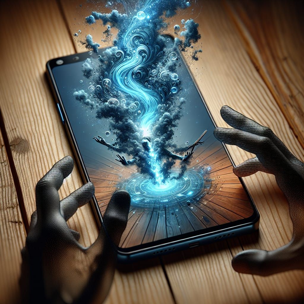 Smartphone Djinn Emerges in Hyperrealistic Chiaroscuro