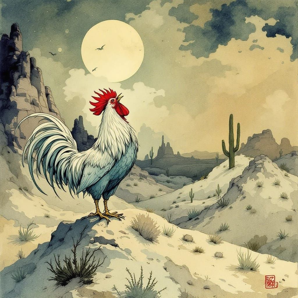 Rooster Crowing on Desert Mesa in Vintage Illustration Style
