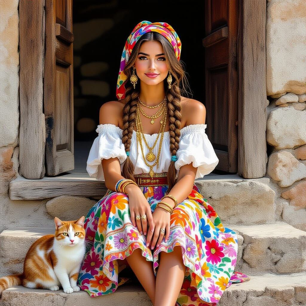 Barefoot Woman in Vibrant Headscarf on Rustic Steps