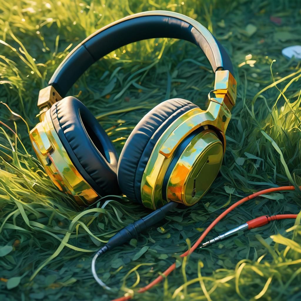 Broken Headphones on Grass: Impressionist Gouache Painting