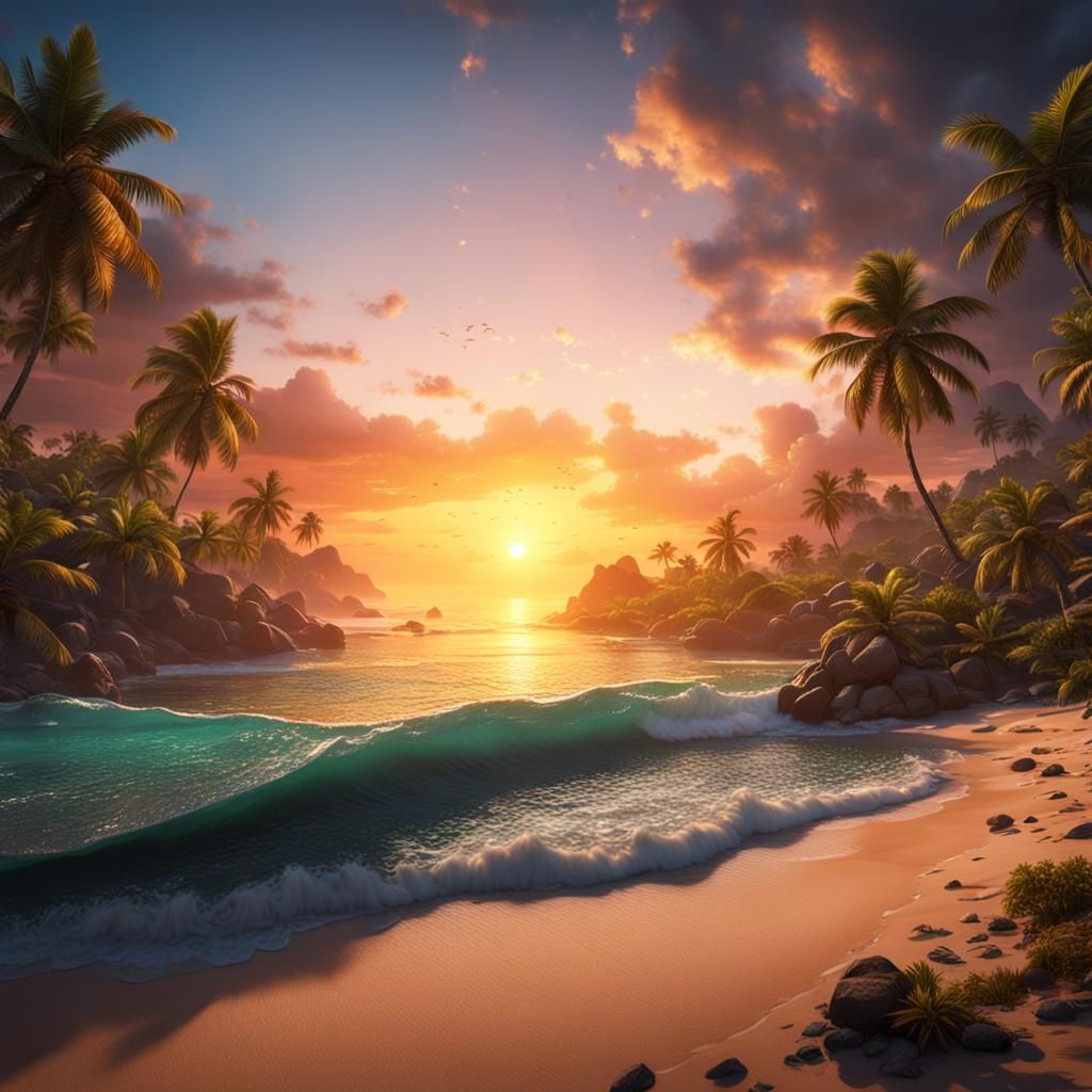 Paradise Beach Sunset in Detailed Matte Painting
