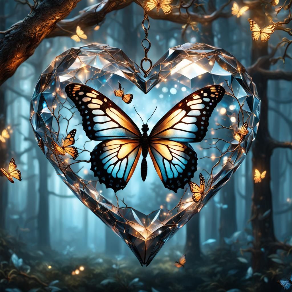 Crystal Heart with Butterfly, Photorealistic Abstract Art