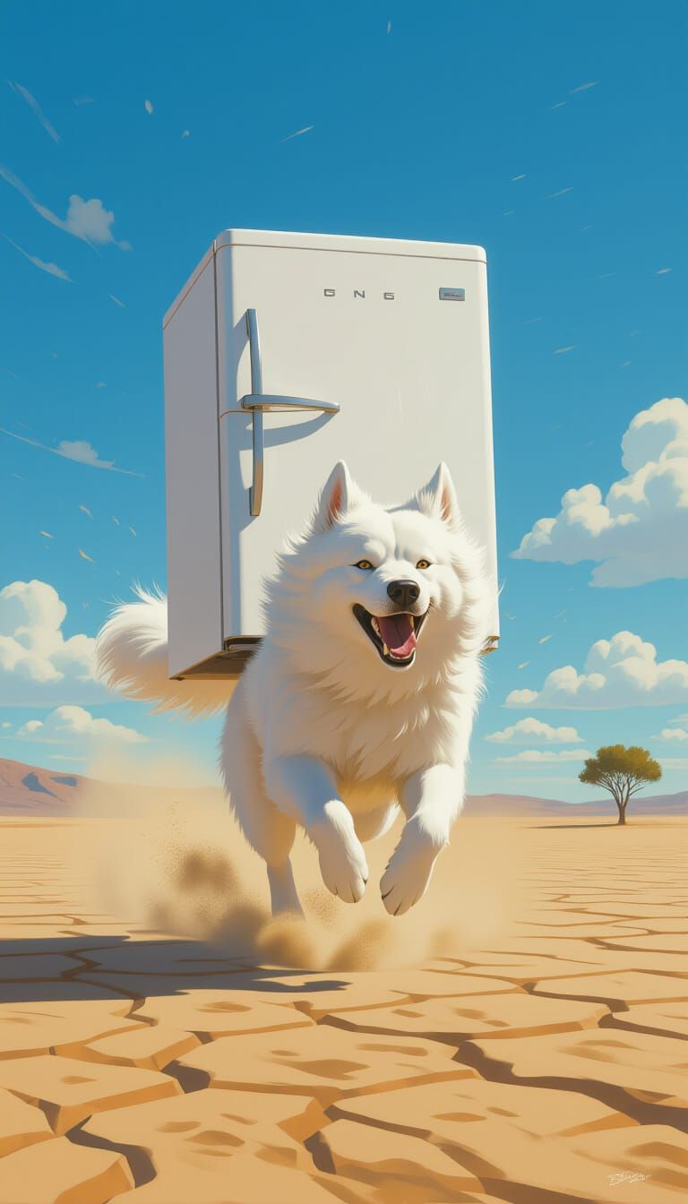 Dog Carrying Refrigerator Across Desert, Photorealistic